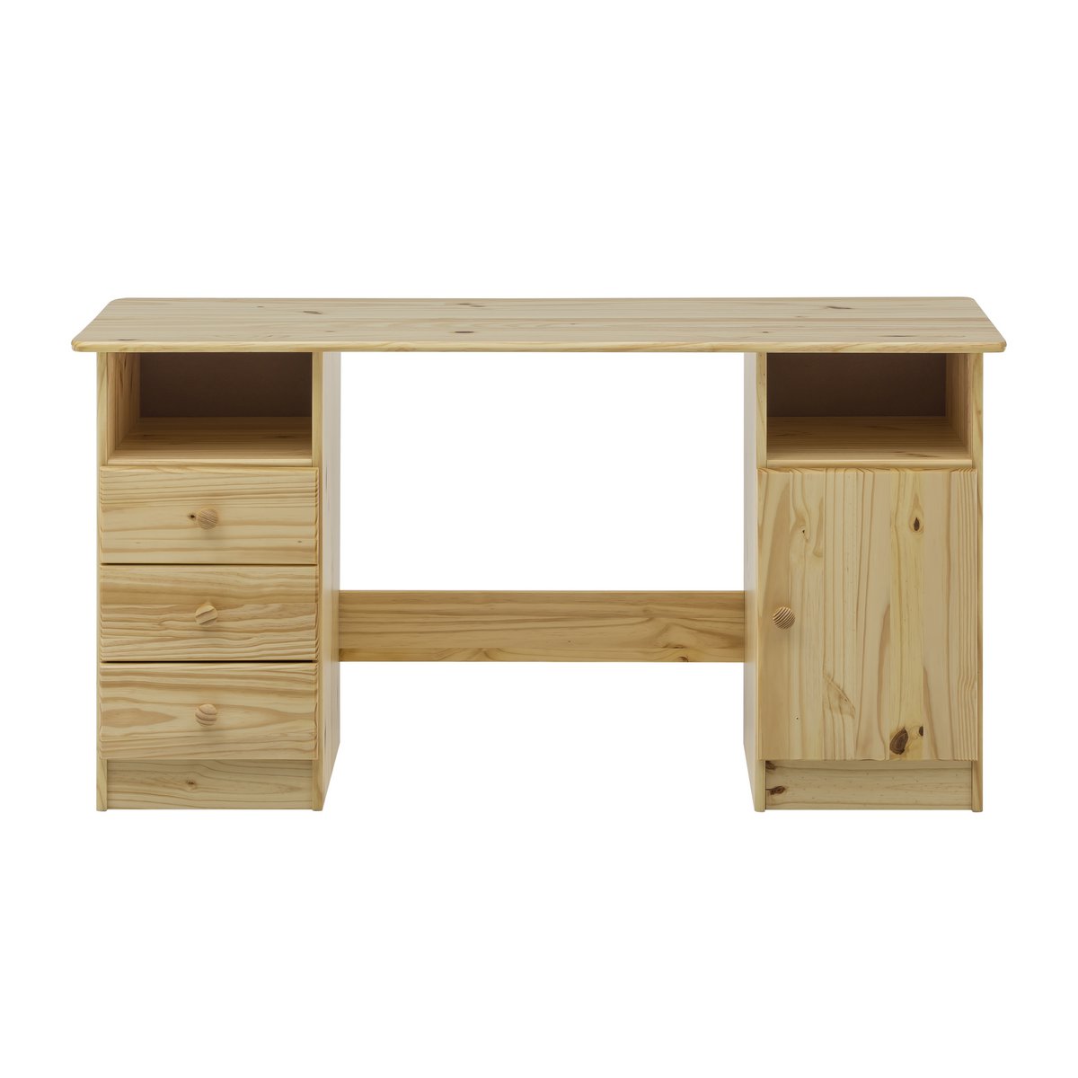 Bureau scandinave en bois avec tiroirs et armoire, vue de face