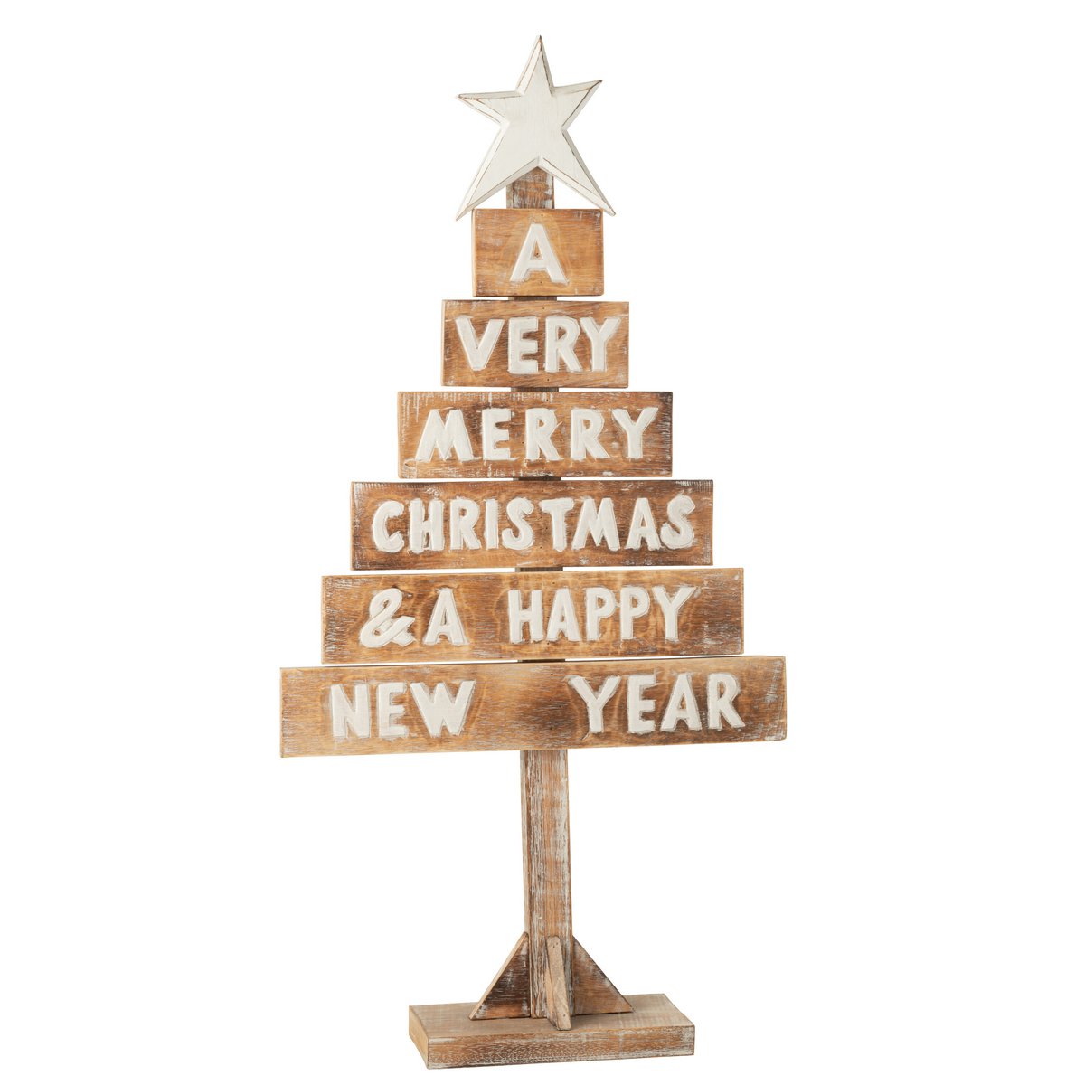 Sapin de Noël Étoile J-Line en bois naturel et blanc, décoration élégante pour les fêtes