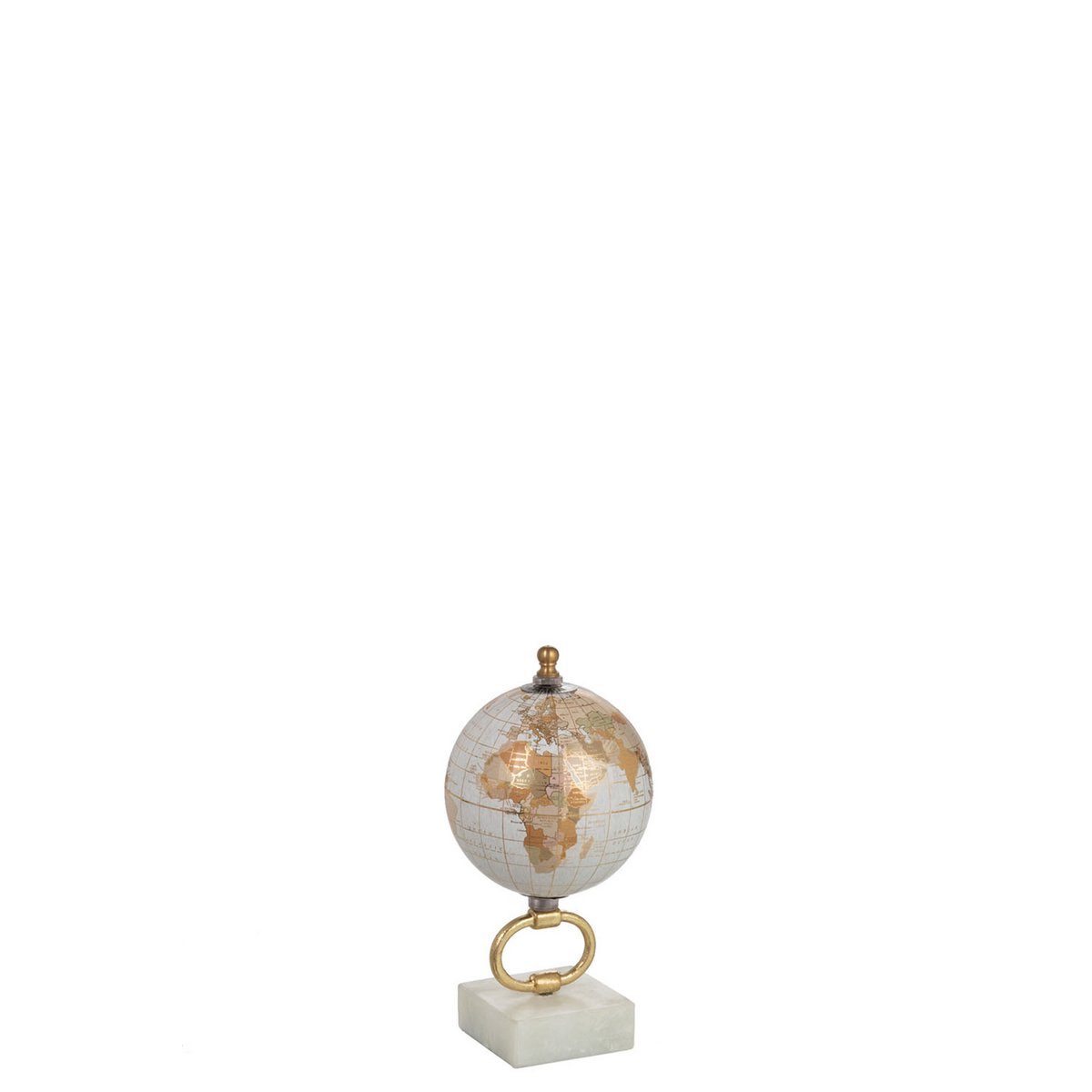 Globe J-Line sur socle en marbre blanc avec détails en métal doré, vue de face