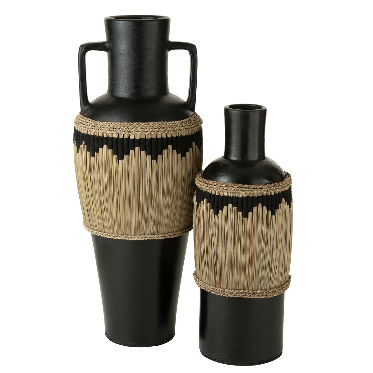 Vase en terre cuite avec poignées, couleur noir et naturel, vue de face
