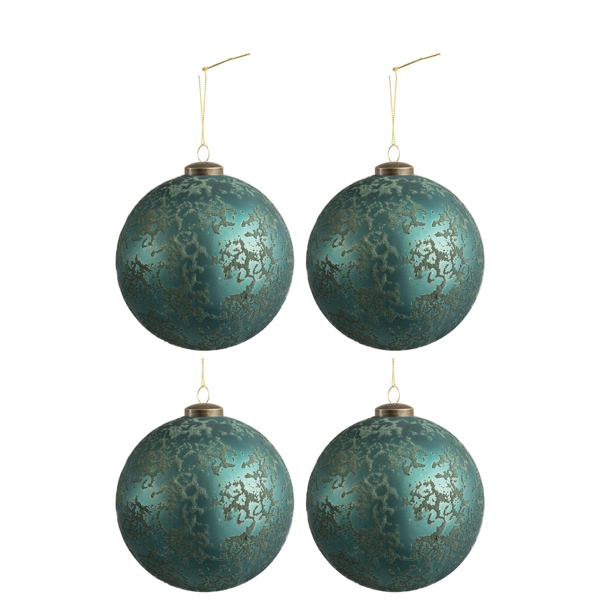 Ensemble de 4 boules de Noël en verre azur J-Line, présentées dans leur boîte.