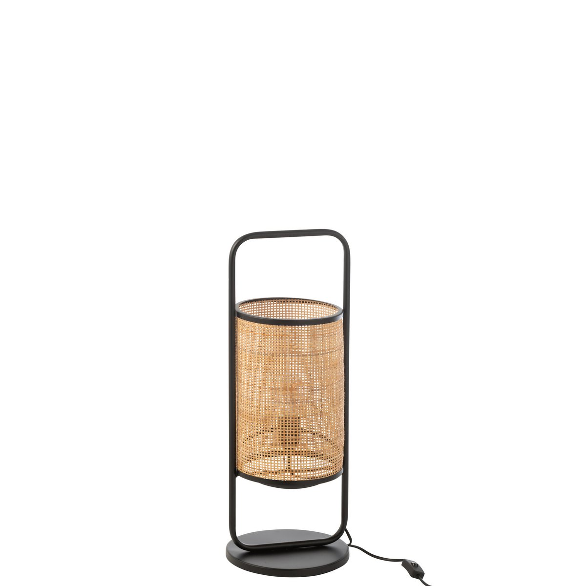 Lampe de table Elton en métal noir et rotin naturel, vue de face