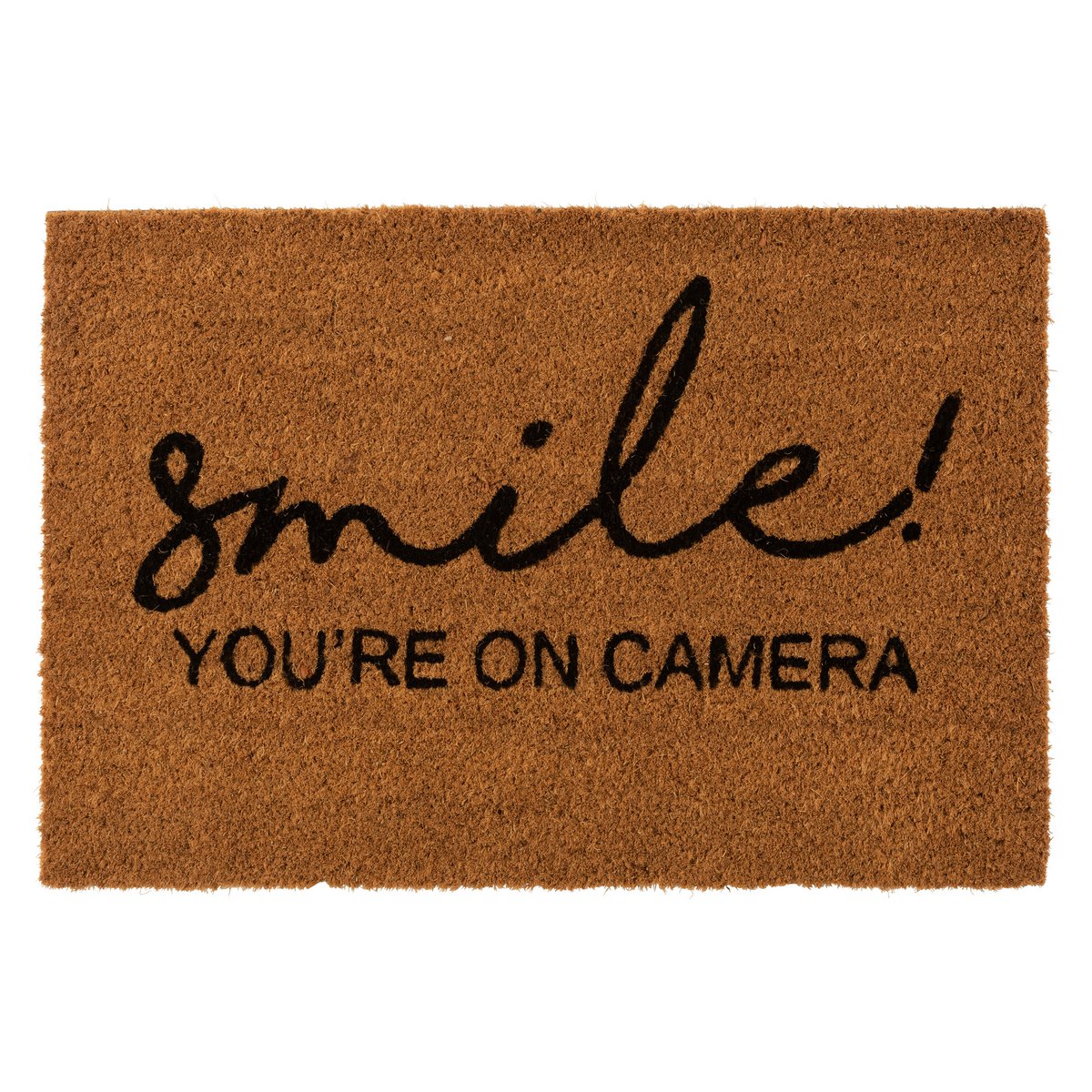 Paillasson Smile en fibre de coco naturel et noir avec motif souriant, par J-Line