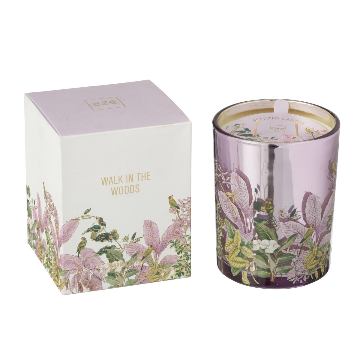 Bougie parfumée J-Line dans un cadre décoratif, mettant en valeur son design luxueux.