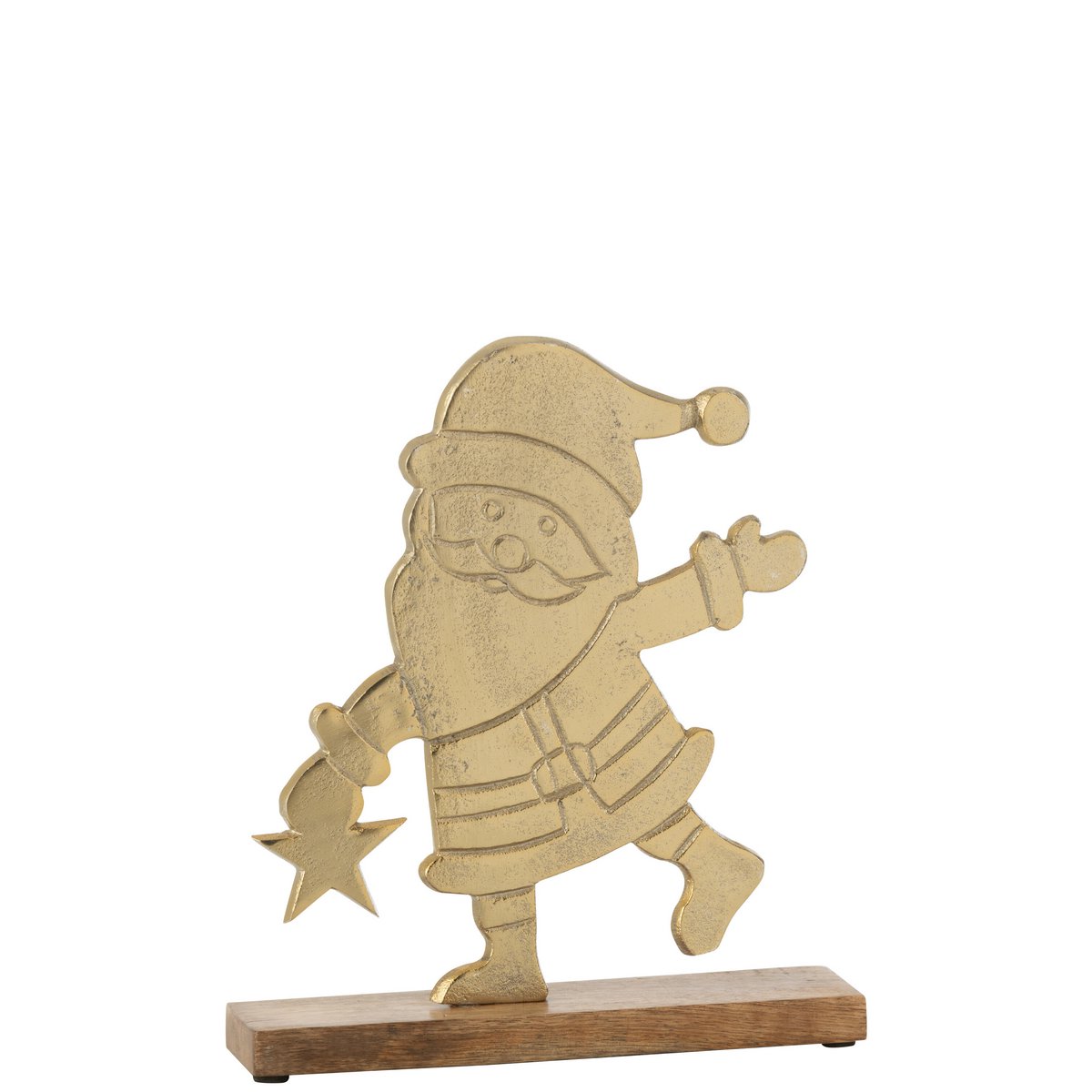 Étoile du Père Noël sur pied en aluminium et bois doré, vue de face.