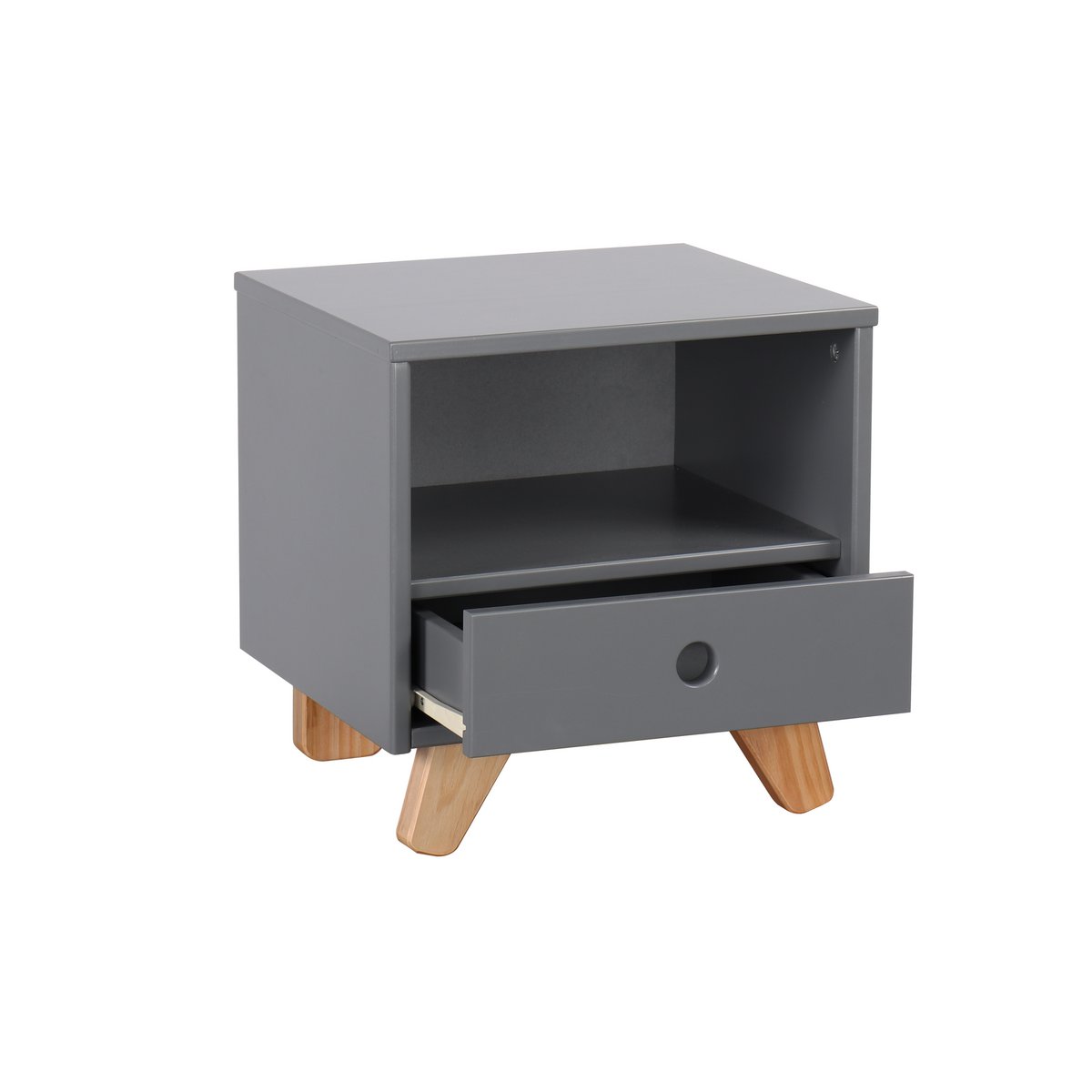 Détail du tiroir sans poignée de la table de chevet