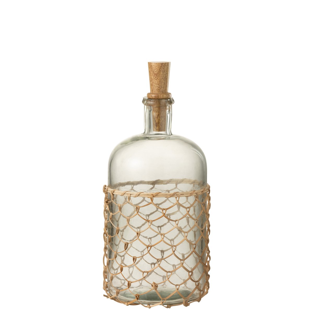 Bouteille J-Line tricotée en verre et liège, design élégant et moderne.