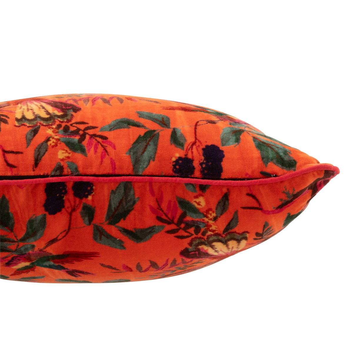 Détail du motif floral du coussin Oiseaux d'Oreiller en velours orange
