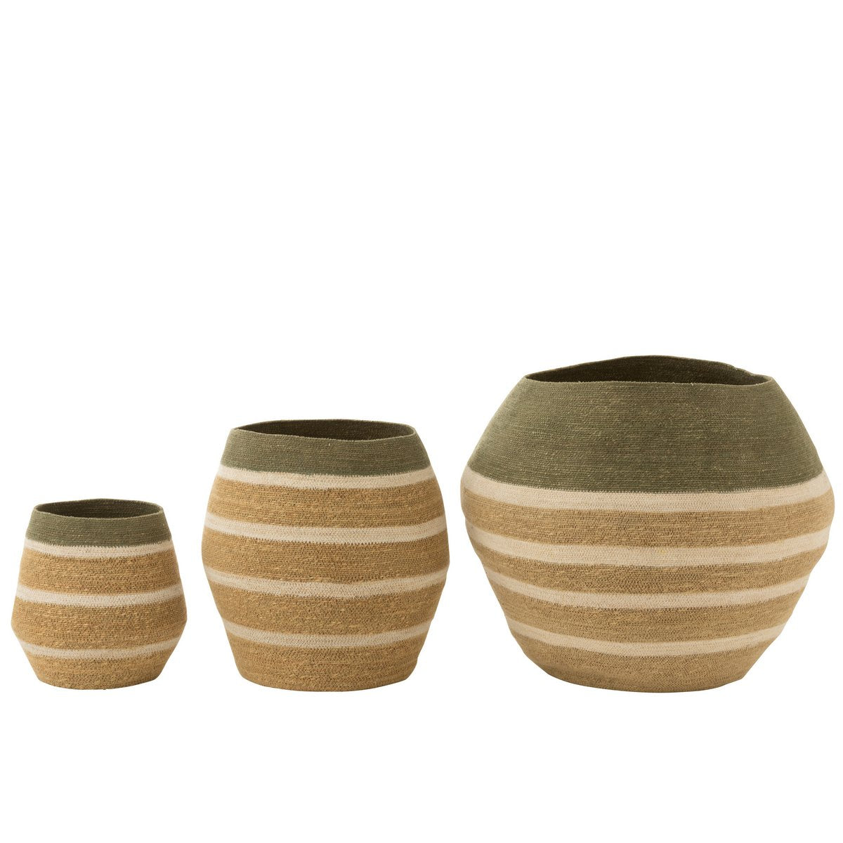Lot de 3 paniers J-Line en seagrass avec motif rayé vert et naturel