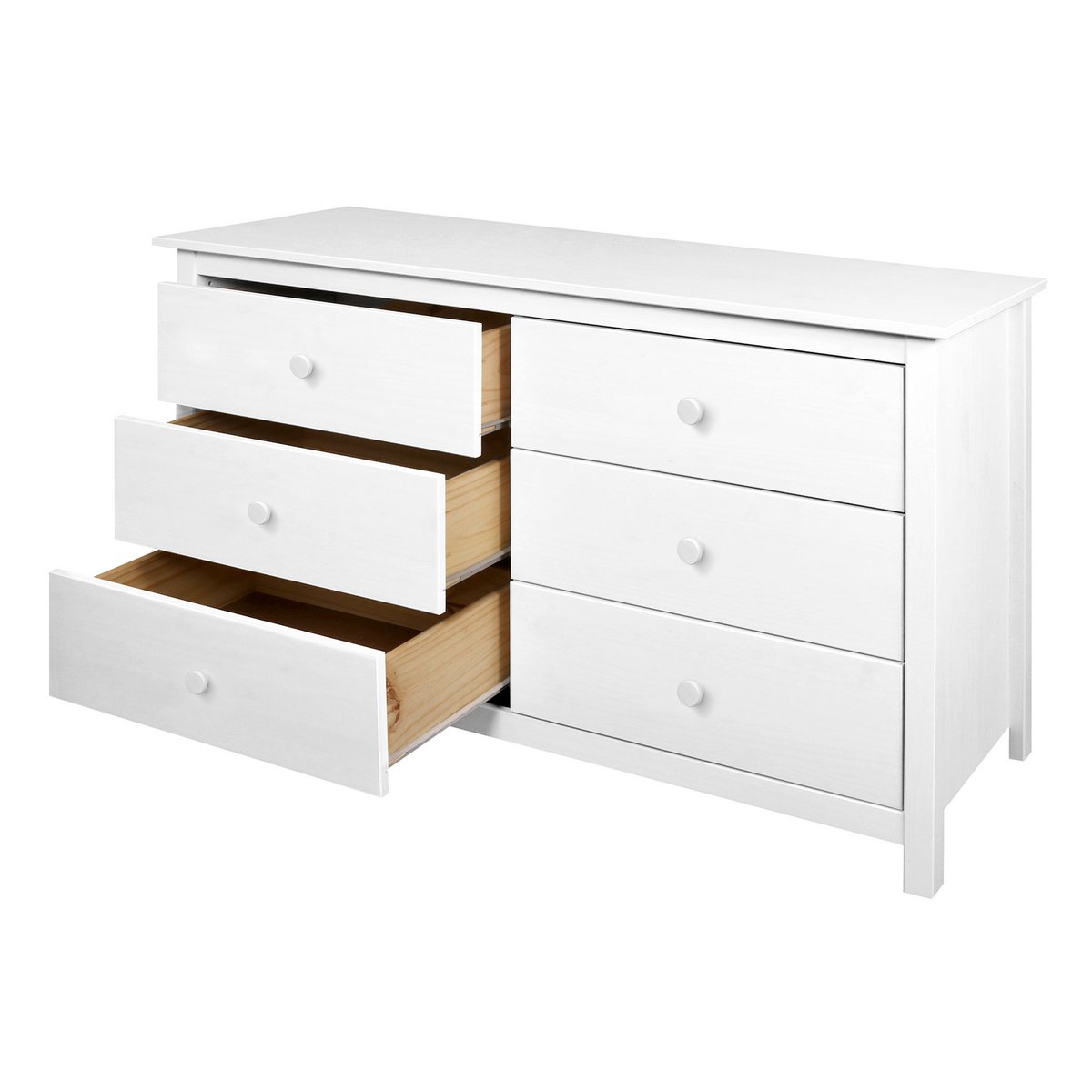 Détail des tiroirs de la commode en bois blanc