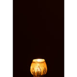 Bougeoir J-Line Leaf Round en verre argenté posé sur une table