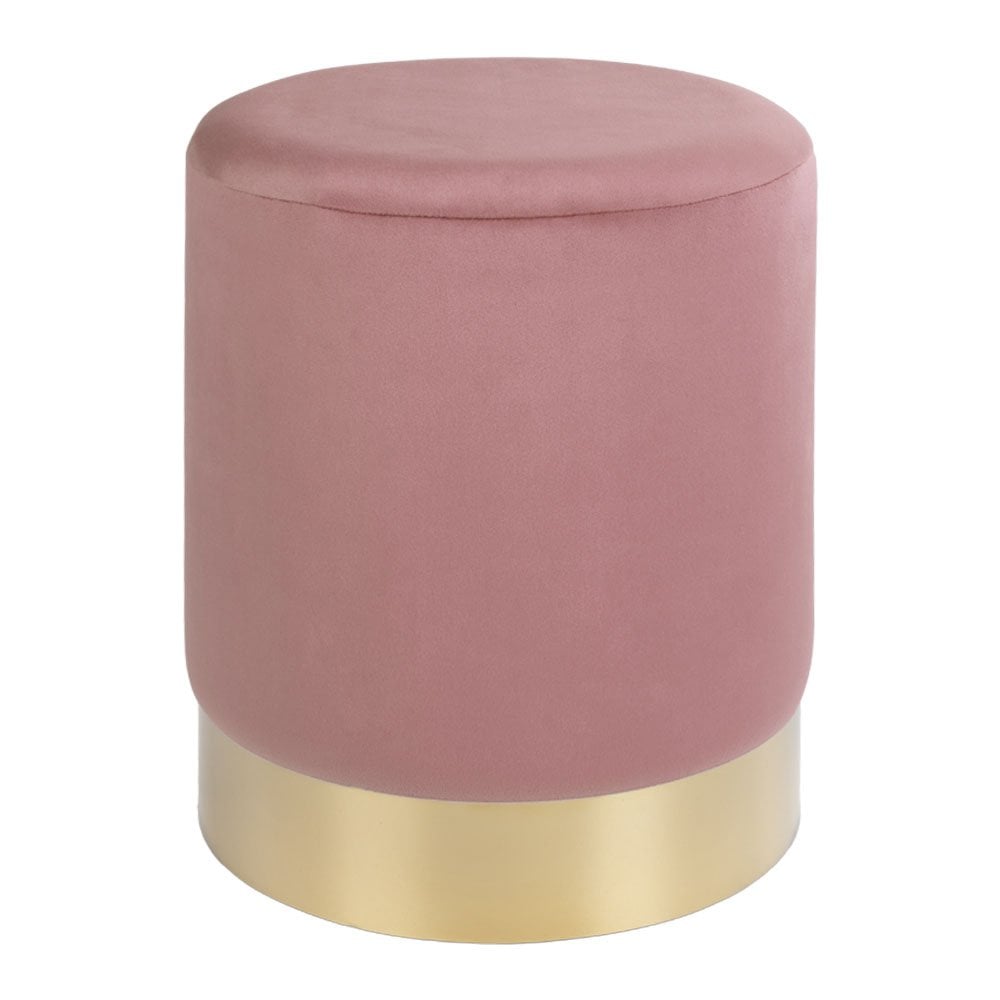 Pouf Gamby en velours rose avec base en laiton, vue de face.