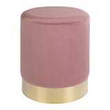 Pouf Gamby en velours rose avec base en laiton, vue de face.