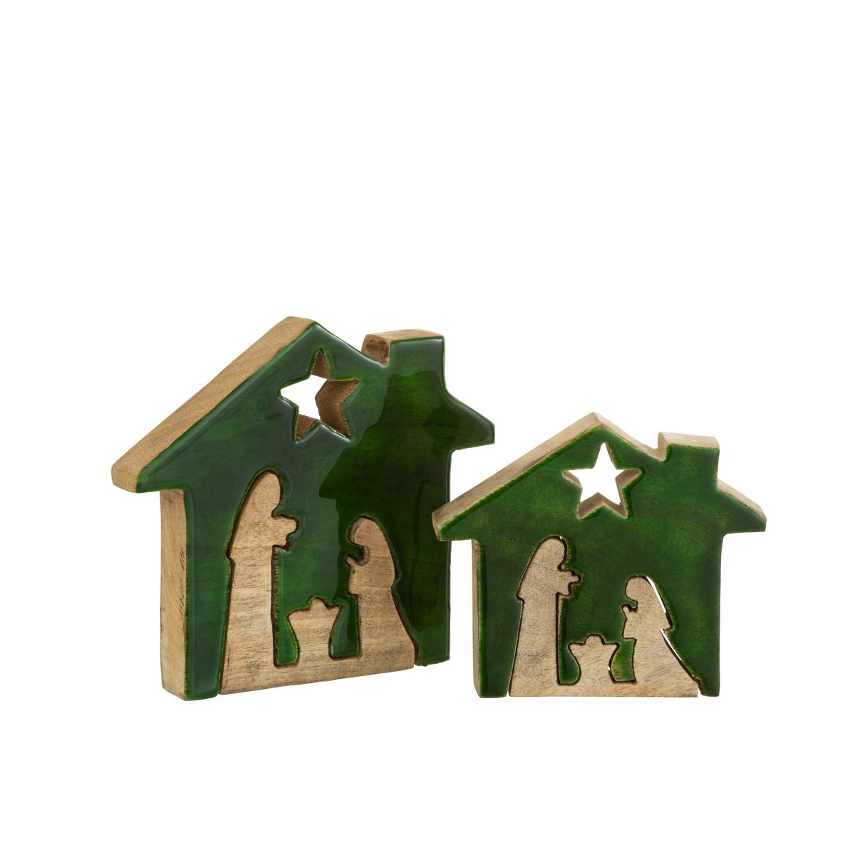 Détails de la mangeoire J-Line en bois, couleurs vert et naturel