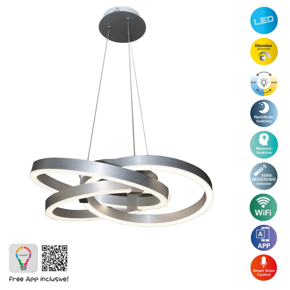 Smart Home LED Pendant Light "Divrame" Ø 58 cm, plafond en métal, en aluminium brossé et en plastique blanc, avec de nombreuses fonctions, les LED fermement construites, l'éclairage pour le salon, le bureau de la salle à manger ou le couloir