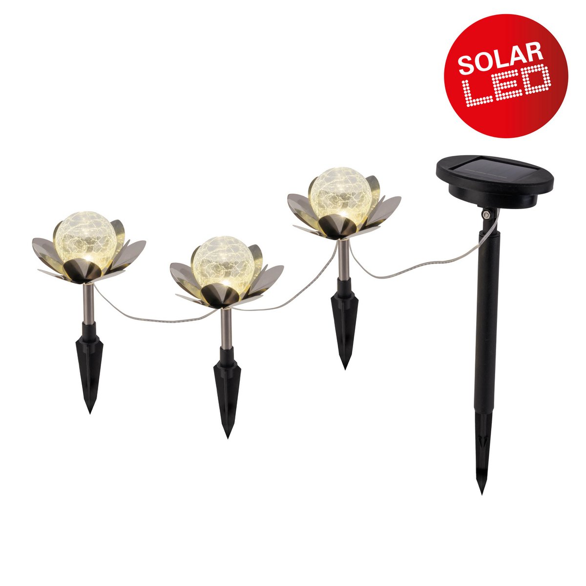 Solar-Deco-Earthspieß 3 Set "LULE" Ø Env. 10 cm, env. 20 cm de haut, en acier inoxydable, verre avec un effet de crépitement