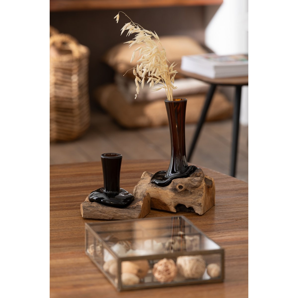 Vase J-Line High Gamal en bois et verre, design scandinave naturel