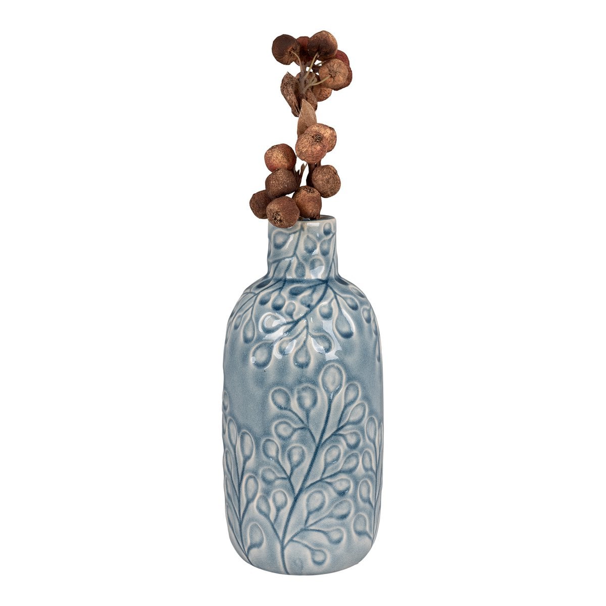 Vase bleu en céramique, angle latéral montrant la glaçure