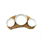 Station d'alimentation RUSTY TRIO pour nourriture humide, nourriture sèche et eau avec 2 bols en porcelaine de 0,4 L et 1 x 0,9 L en bois d'olivier