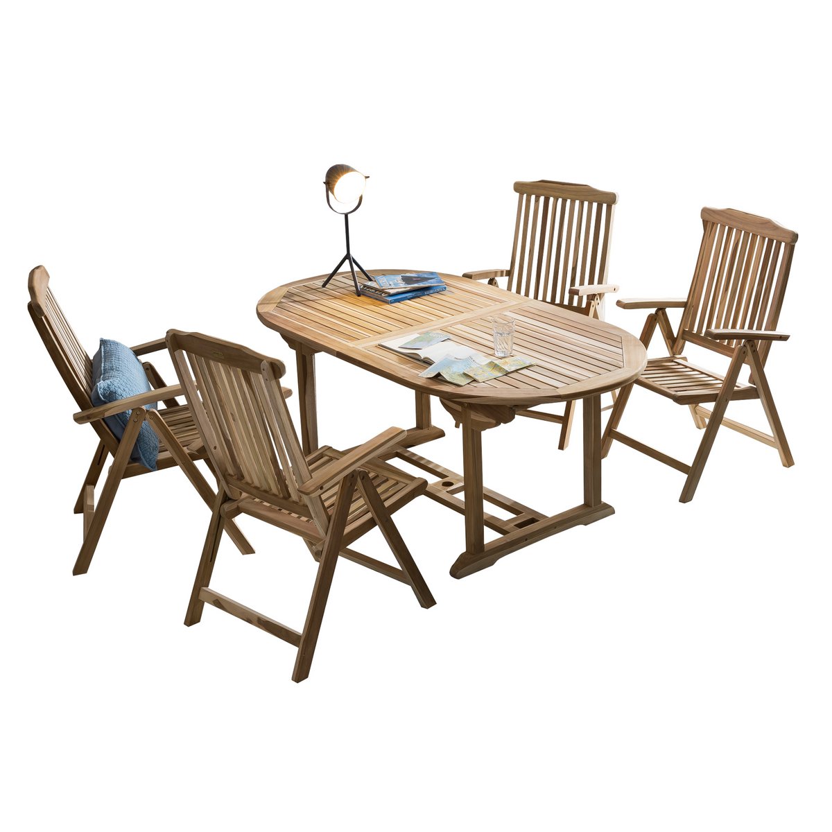 Ensemble de salon de jardin en teck avec quatre fauteuils et une table