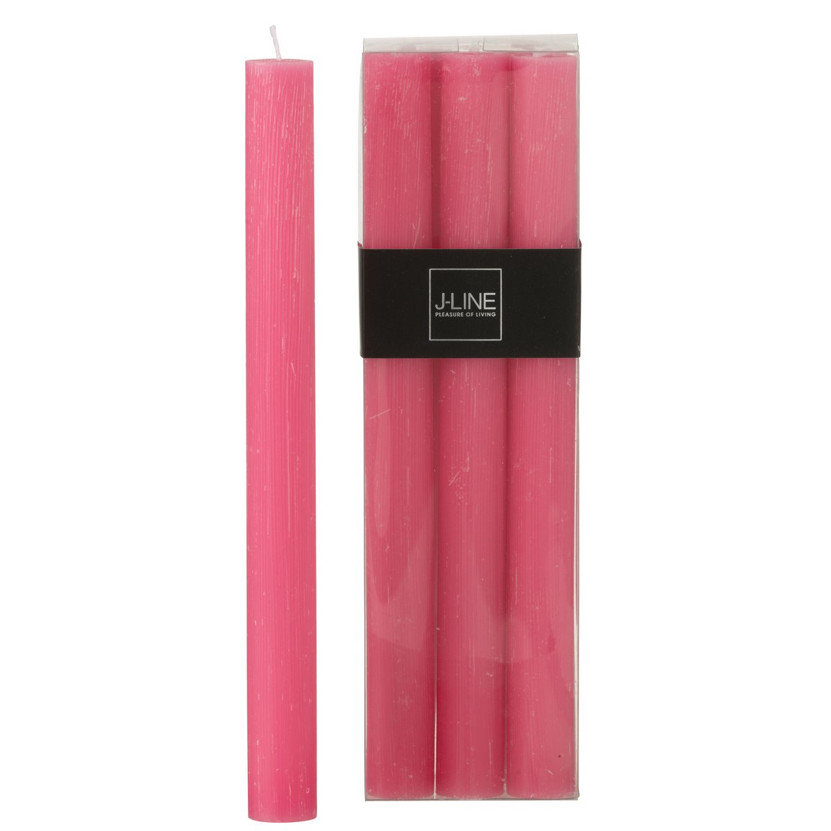 Boîte de 6 bougies J-Line rose, présentée avec des éléments de décoration raffinés.