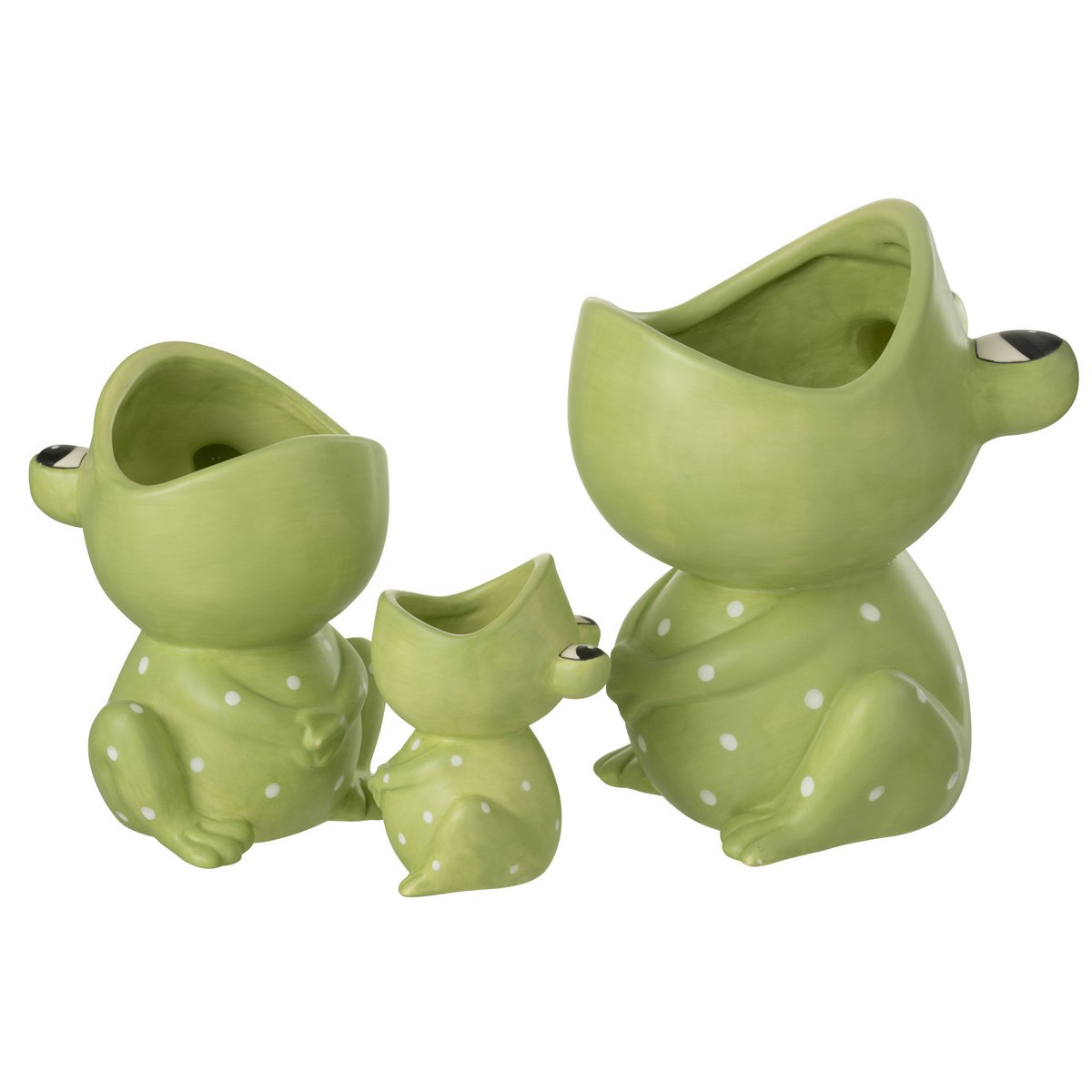 Pot de fleurs grenouille en céramique verte, vue latérale