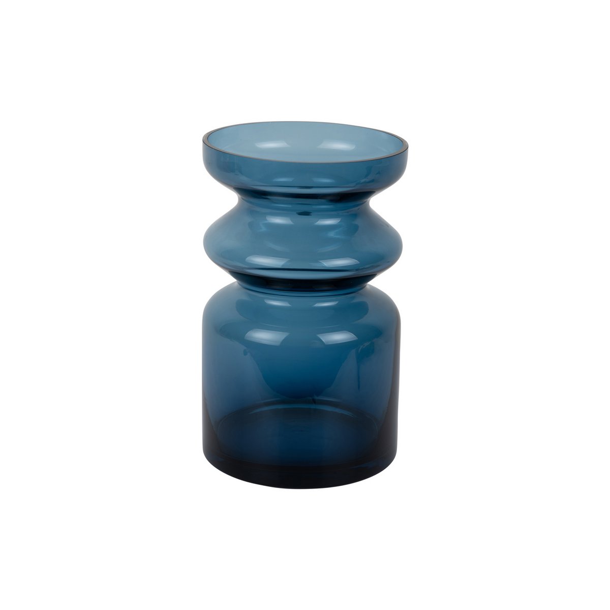 Vase Gusto en verre bleu avec encoches arrondies, vue de face