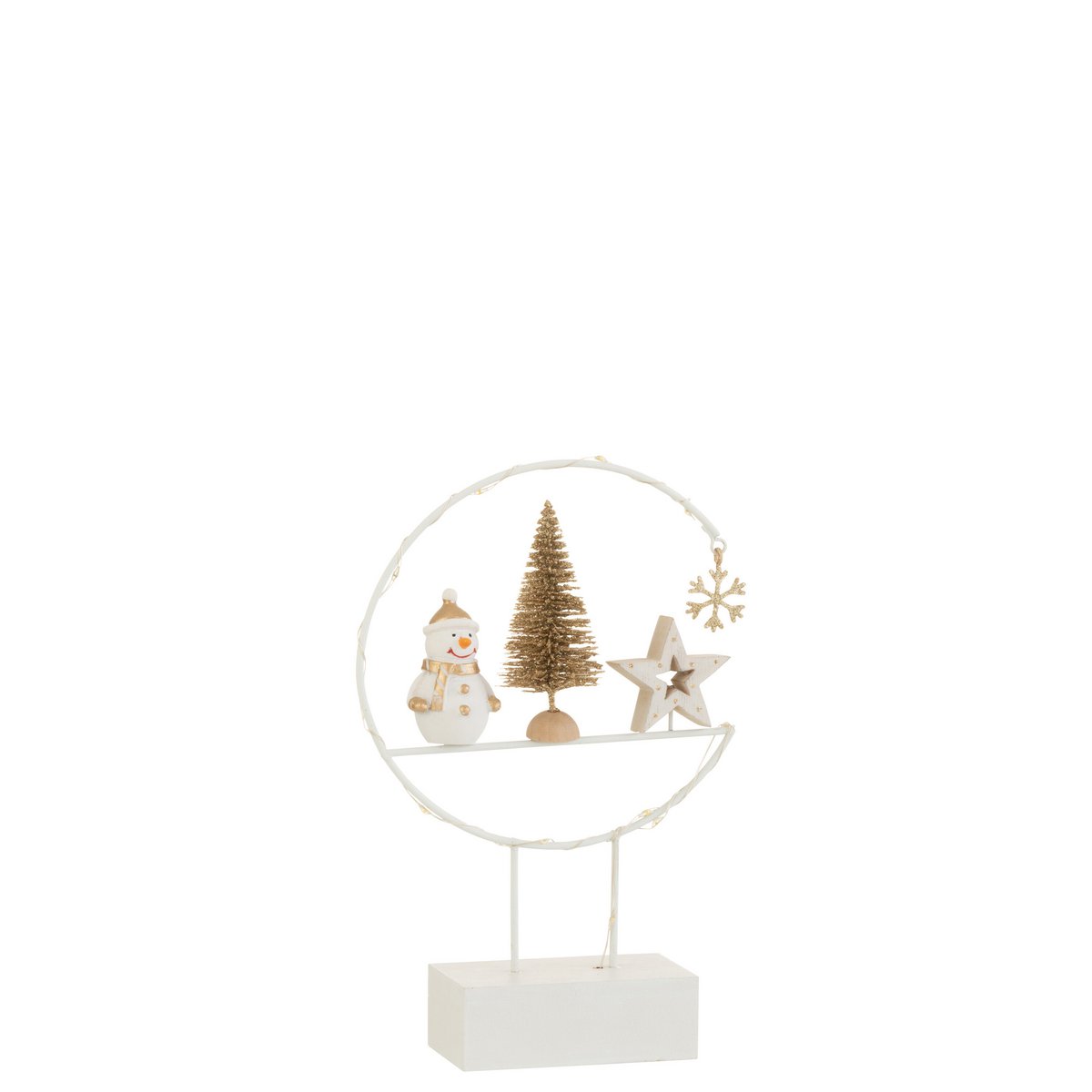 Bonhomme de Neige LED en bois blanc avec détails dorés sur pied