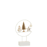 Bonhomme de Neige LED en bois blanc avec détails dorés sur pied