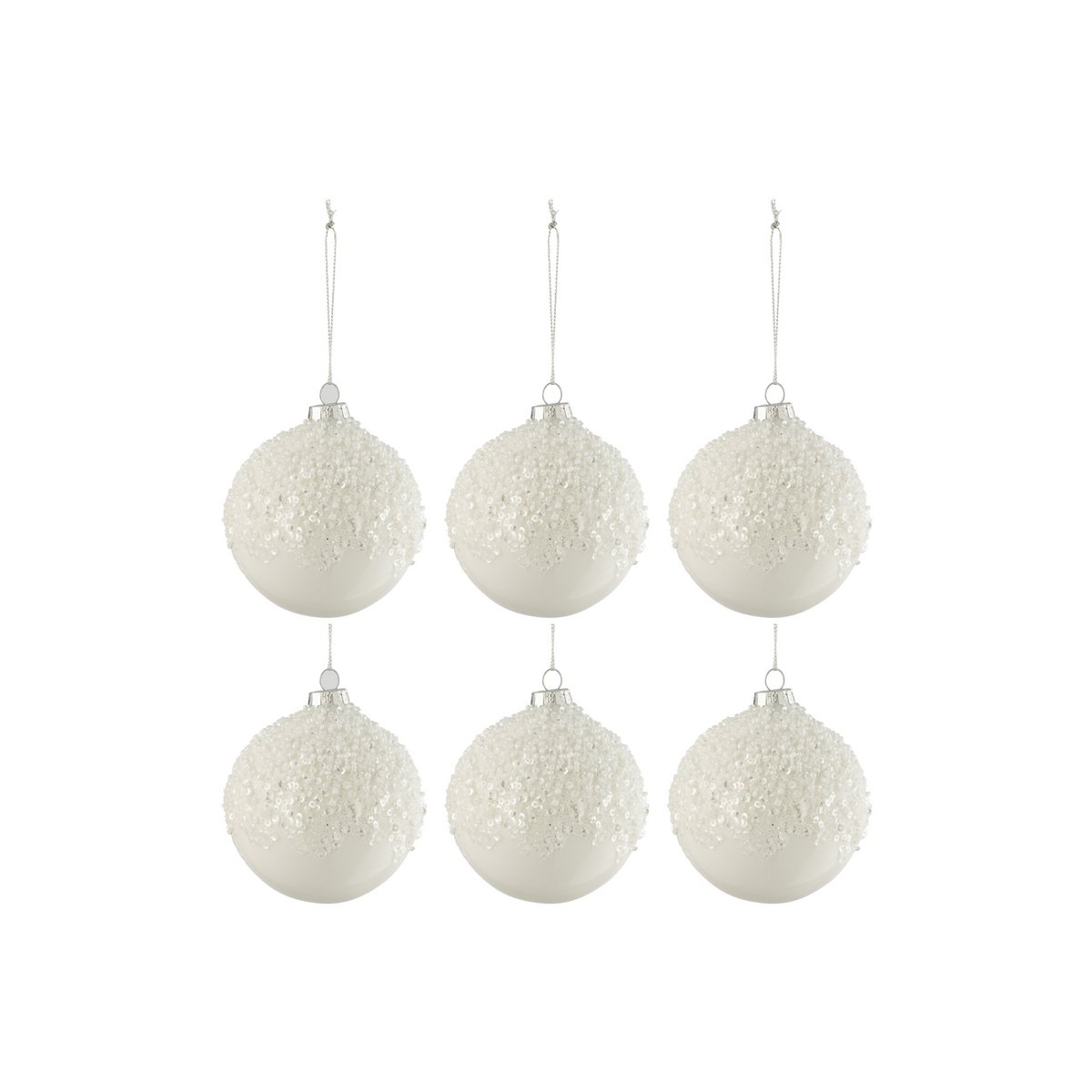 Coffret de 6 boules de Noël en verre blanc brillant de J-Line, vue d'ensemble