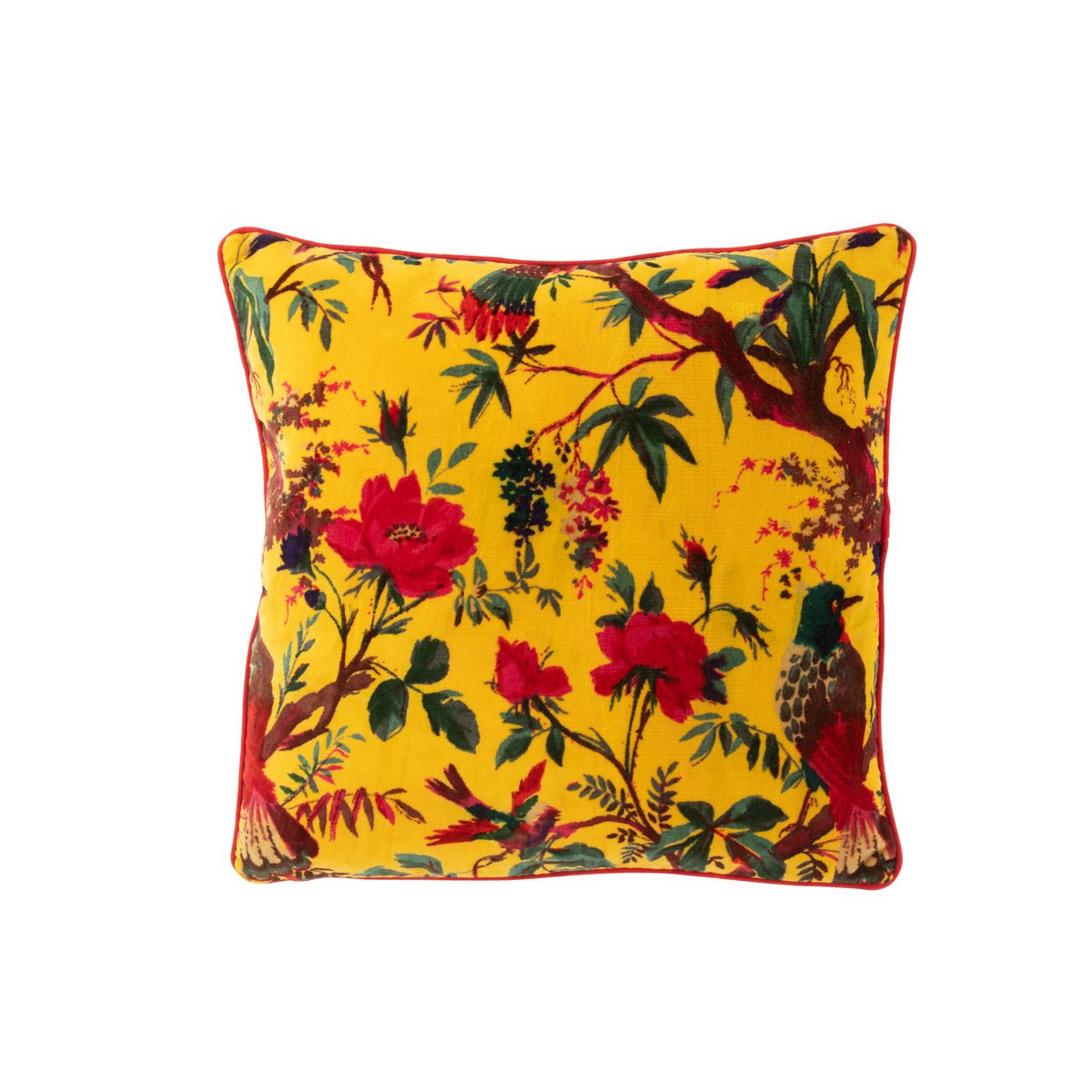 Coussin Birds J-Line en velours floral jaune, vue de face