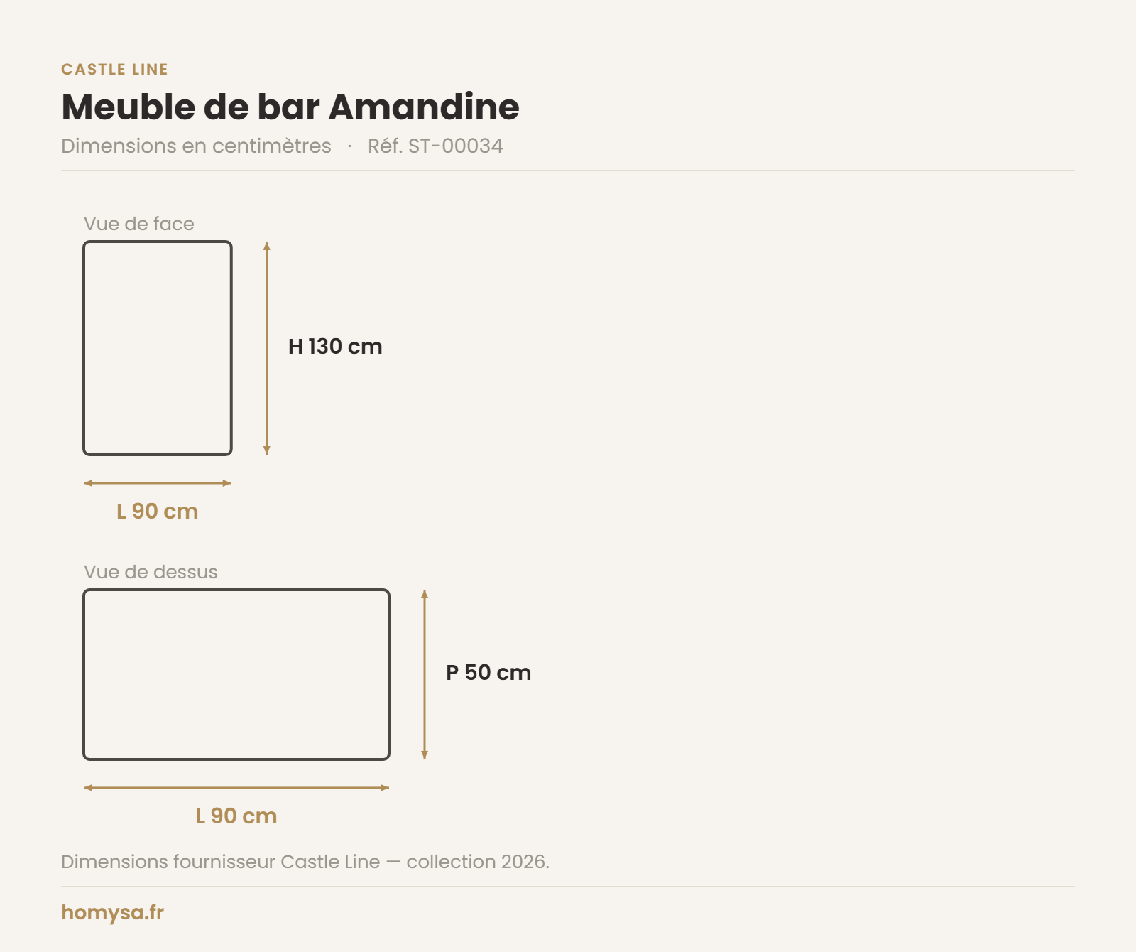 Dimensions du meuble de bar Amandine Castle Line — 90 x 50 x 130 cm