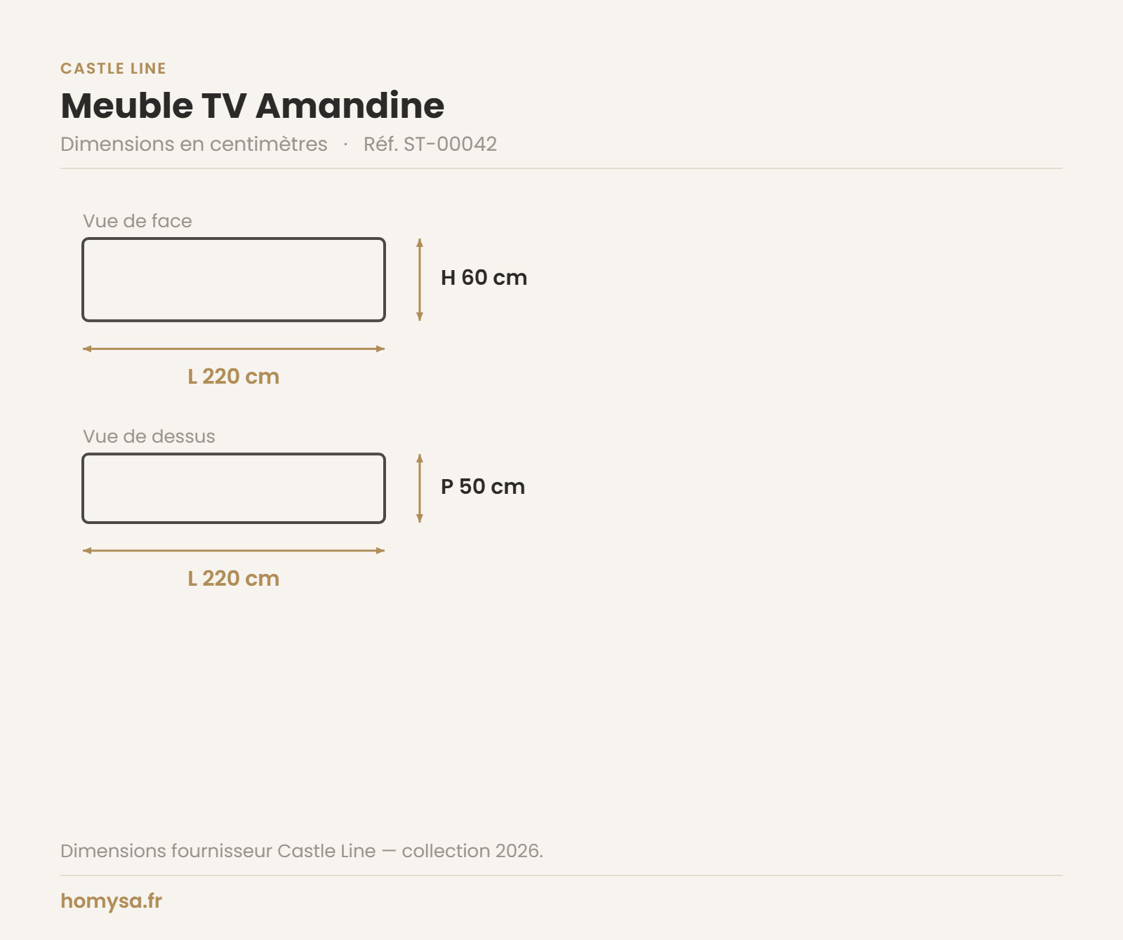 Dimensions du meuble TV Amandine Castle Line — 220 x 50 x 60 cm