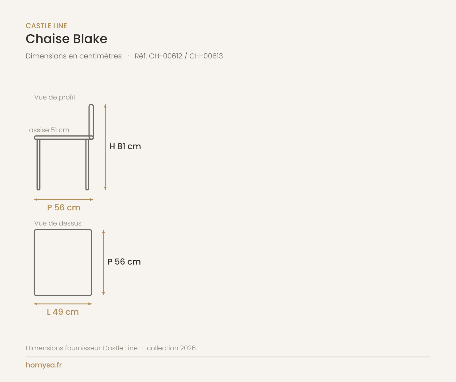 Dimensions de la chaise Blake Castle Line — 49 × 56 × 81 cm, assise 51 cm