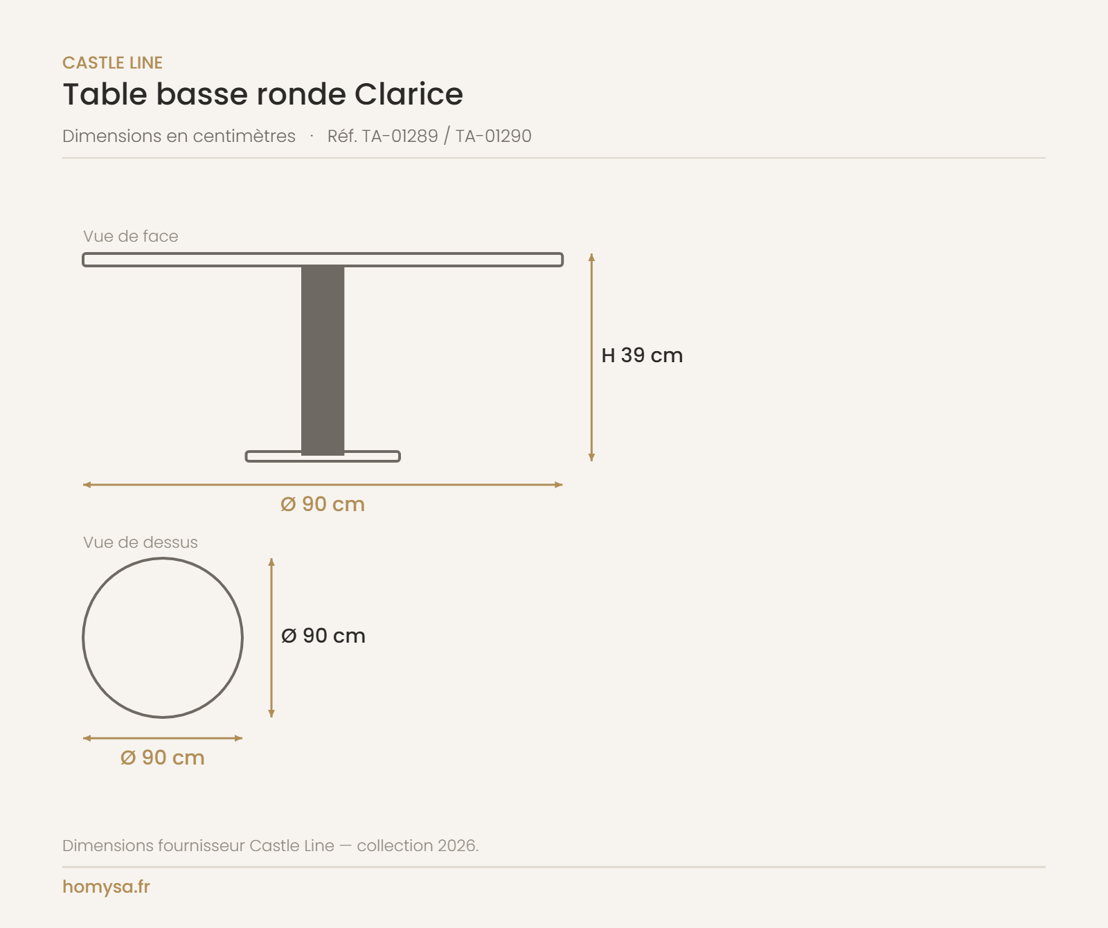 Dimensions de la table basse ronde Clarice Castle Line — Ø90 cm, hauteur 39 cm