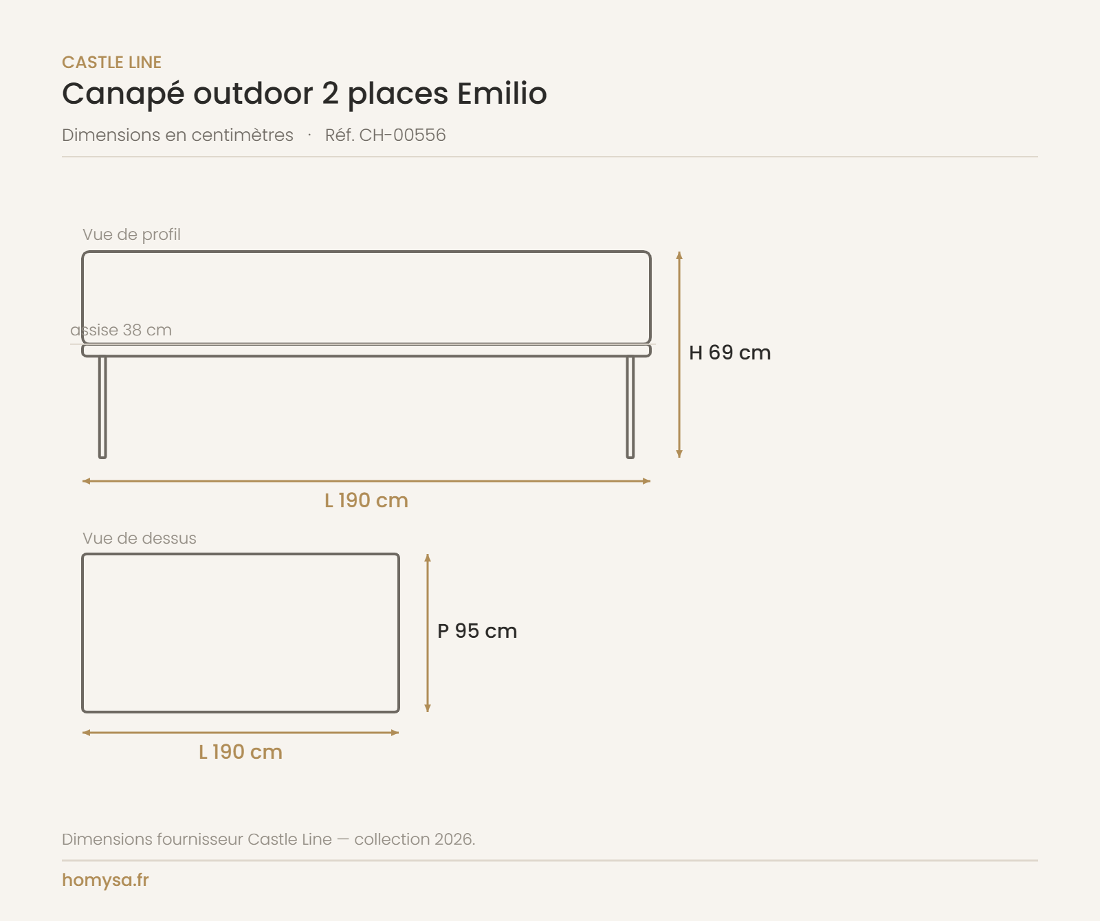 Dimensions du canapé outdoor 2 places Emilio Castle Line — 190 x 95 cm, assise 38 cm