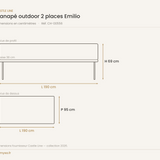Dimensions du canapé outdoor 2 places Emilio Castle Line — 190 x 95 cm, assise 38 cm