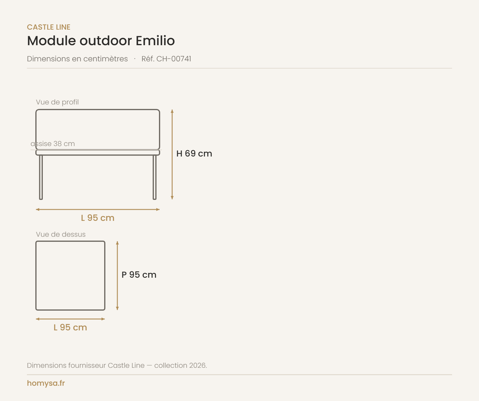 Dimensions du module outdoor Emilio Castle Line — 95 x 95 cm, assise 38 cm