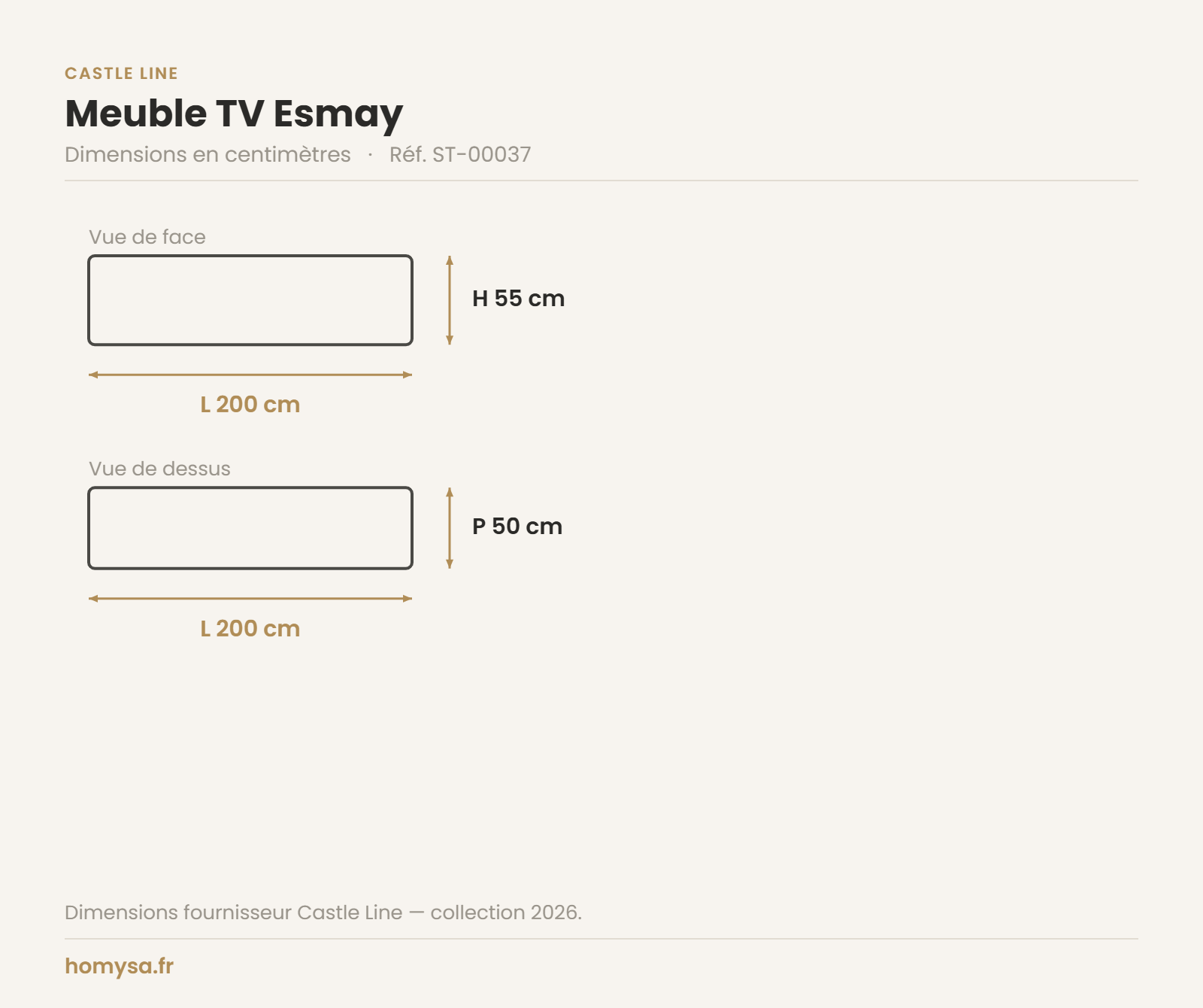 Dimensions du meuble TV Esmay Castle Line — 200 x 50 x 55 cm