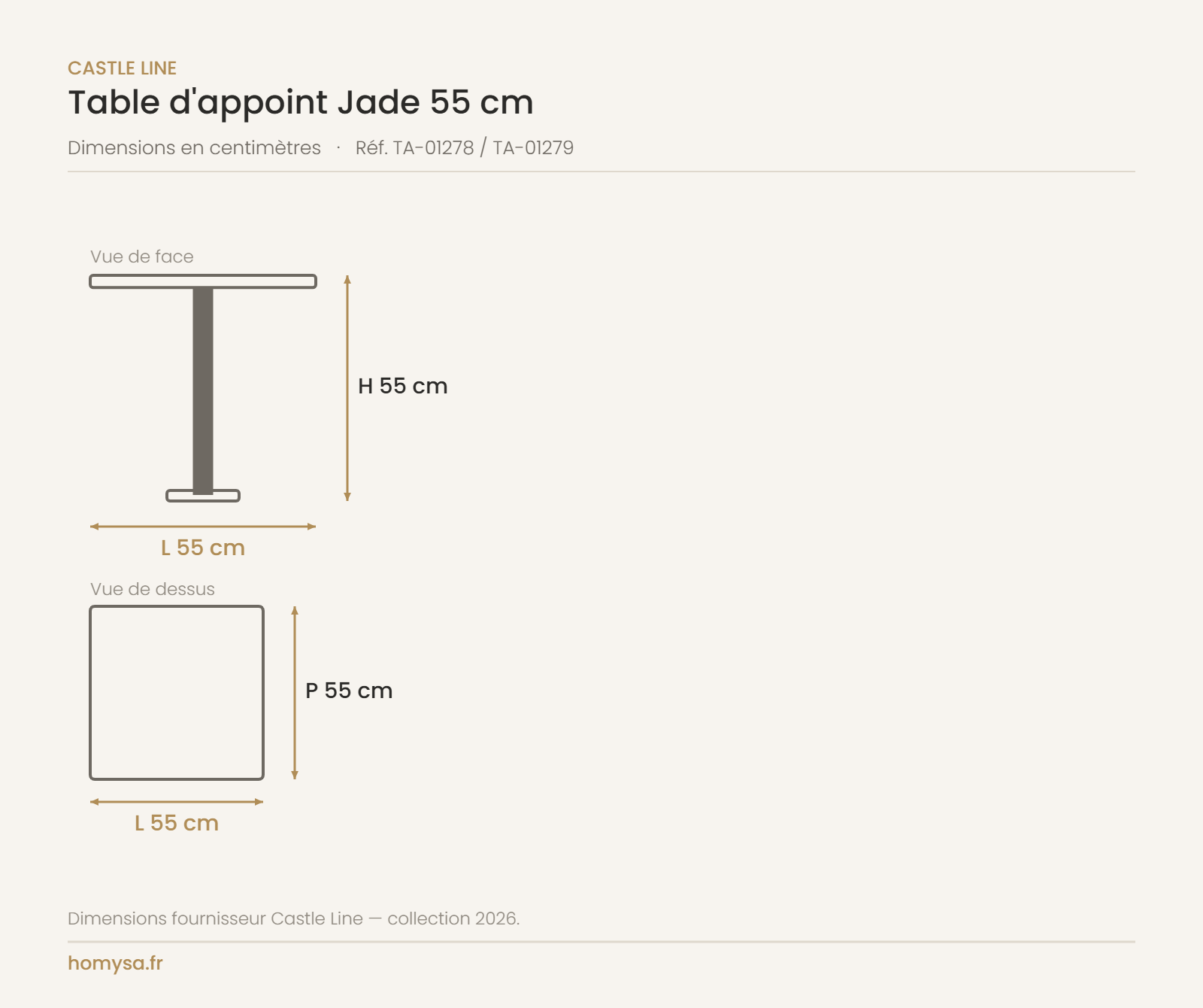 Dimensions de la table d'appoint carrée Jade Castle Line — 55 x 55 x 55 cm