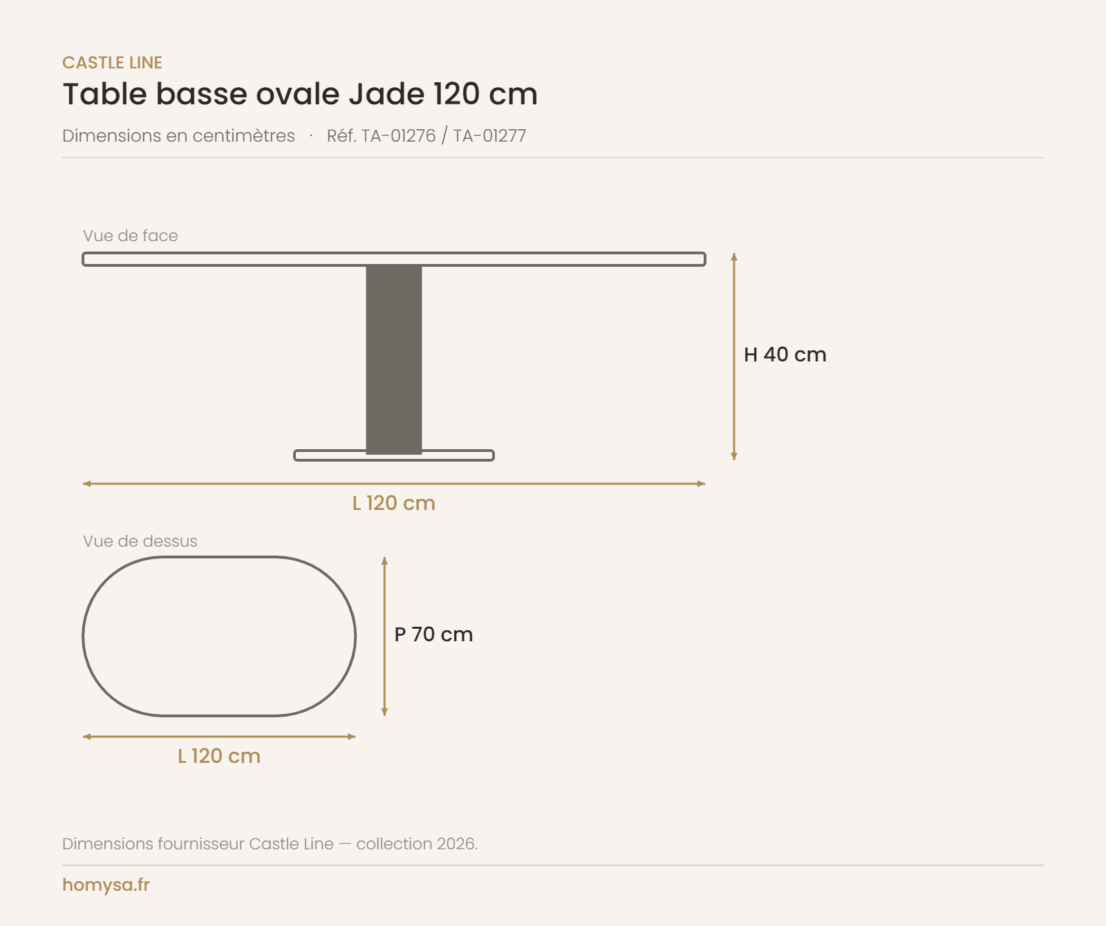 Dimensions de la table basse ovale Jade Castle Line — 120 x 70 cm, hauteur 40 cm