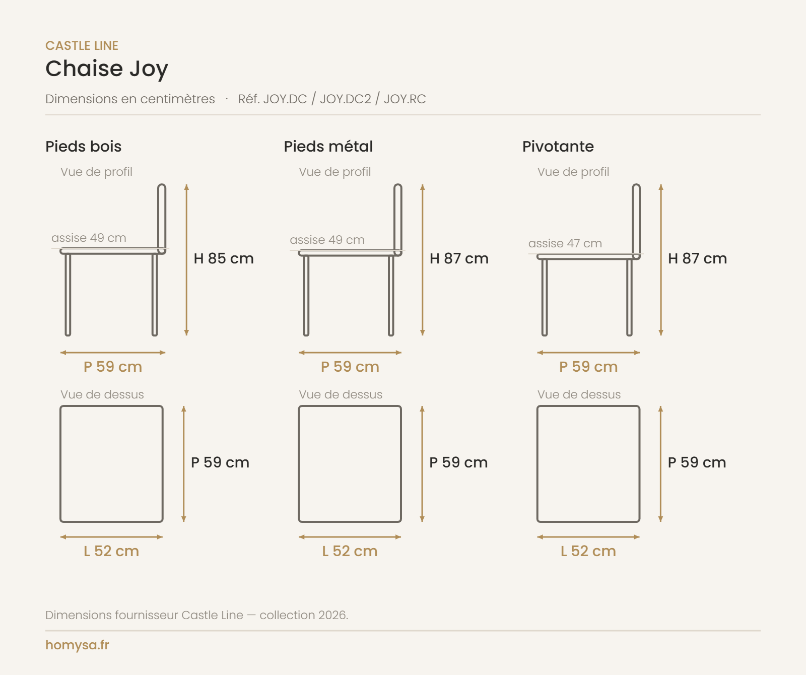 Dimensions de la chaise Joy Castle Line — 52 x 59 cm, assise 47 à 49 cm, 3 piètements