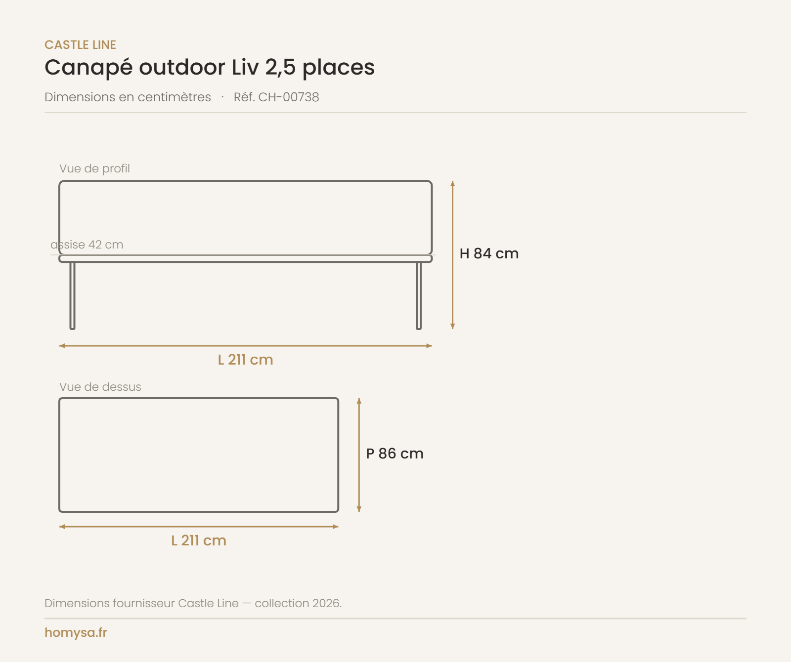 Dimensions du canapé outdoor Liv 2,5 places Castle Line — 211 x 86 cm, assise 42 cm