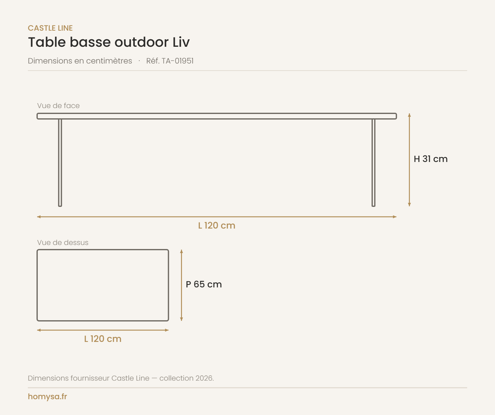Dimensions de la table basse outdoor Liv Castle Line — 120 x 65 cm, hauteur 31 cm