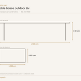 Dimensions de la table basse outdoor Liv Castle Line — 120 x 65 cm, hauteur 31 cm