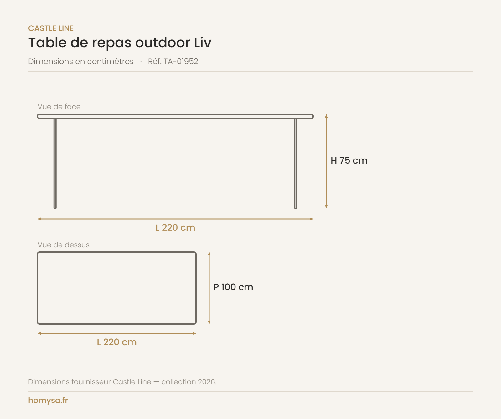 Dimensions de la table de repas outdoor Liv Castle Line — 220 x 100 cm, hauteur 75 cm