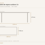 Dimensions de la table de repas outdoor Liv Castle Line — 220 x 100 cm, hauteur 75 cm