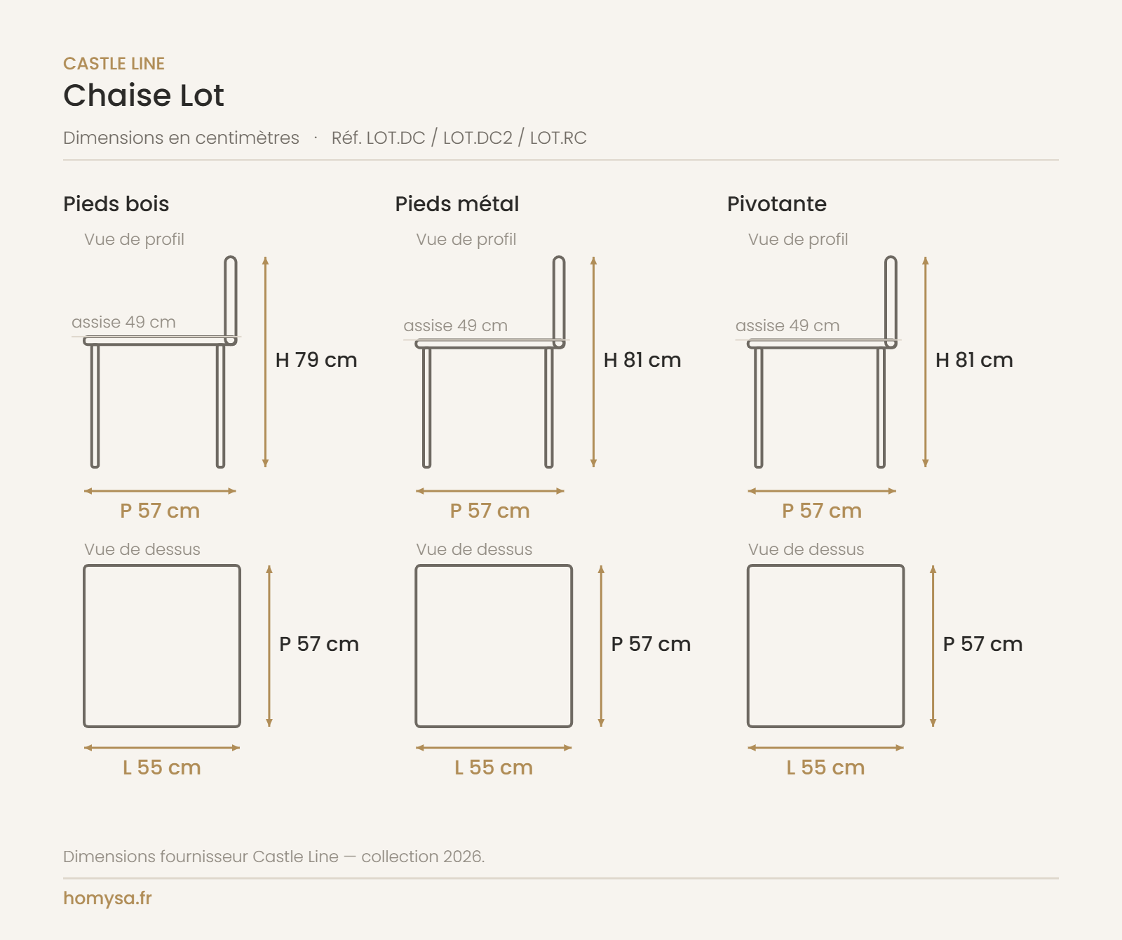 Dimensions de la chaise Lot Castle Line — 55 x 57 cm, assise 49 cm, 3 piètements