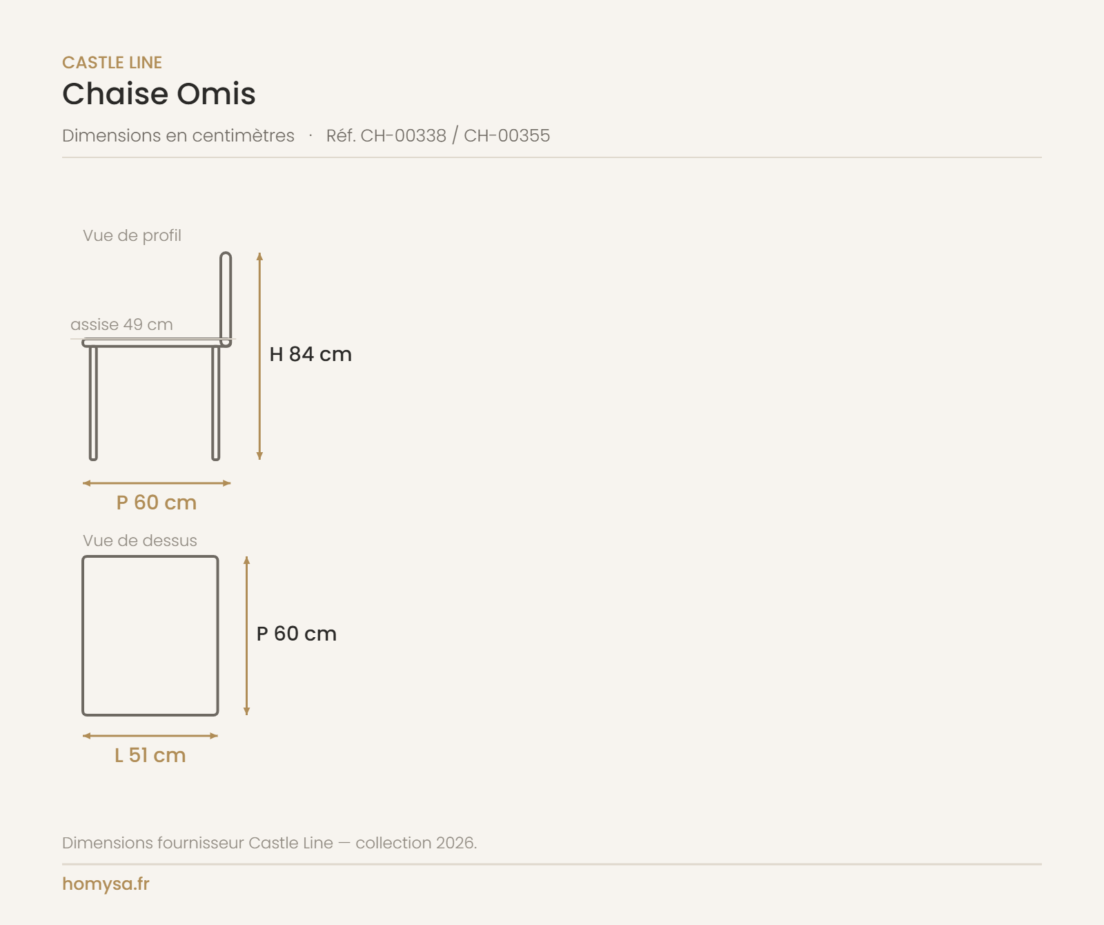 Dimensions de la chaise Omis Castle Line — 51 × 60 × 84 cm, assise 49 cm