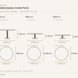 Dimensions de la table basse ronde Paris Castle Line — Ø60, Ø100 et Ø120 cm